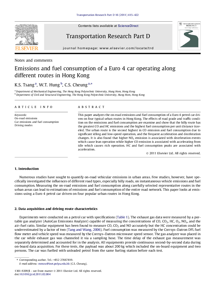 Emissions and fuel consumption of a Euro 4 car operating along different routes in Hong Kong