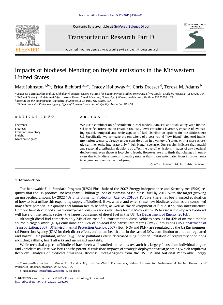 Impacts of biodiesel blending on freight emissions in the Midwestern United States