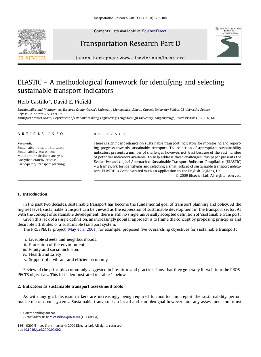 ELASTIC – A methodological framework for identifying and selecting sustainable transport indicators