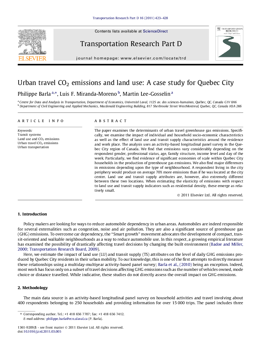 Urban travel CO2 emissions and land use: A case study for Quebec City