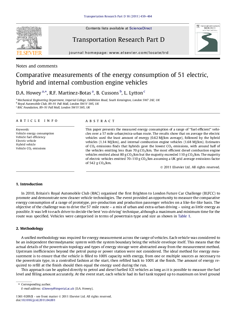 Comparative measurements of the energy consumption of 51 electric, hybrid and internal combustion engine vehicles