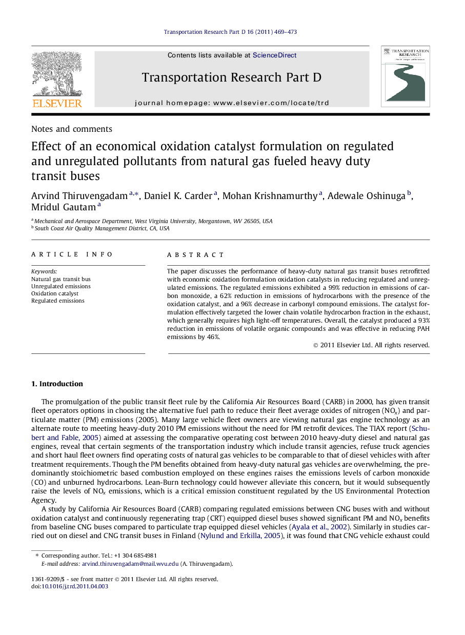 Effect of an economical oxidation catalyst formulation on regulated and unregulated pollutants from natural gas fueled heavy duty transit buses