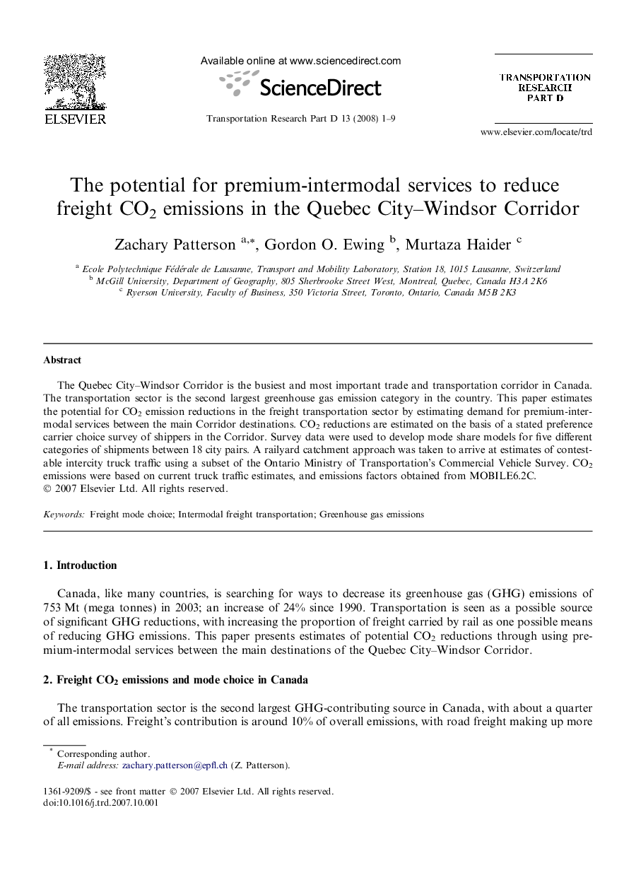 The potential for premium-intermodal services to reduce freight CO2 emissions in the Quebec City–Windsor Corridor