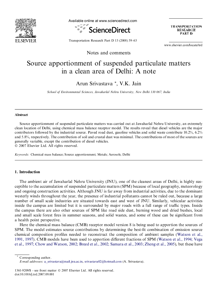 Source apportionment of suspended particulate matters in a clean area of Delhi: A note