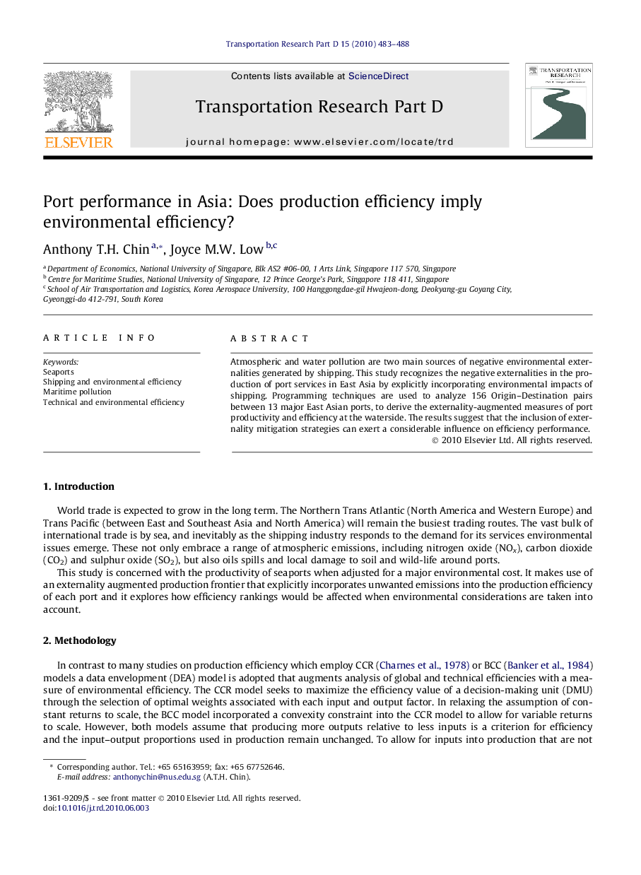 Port performance in Asia: Does production efficiency imply environmental efficiency?