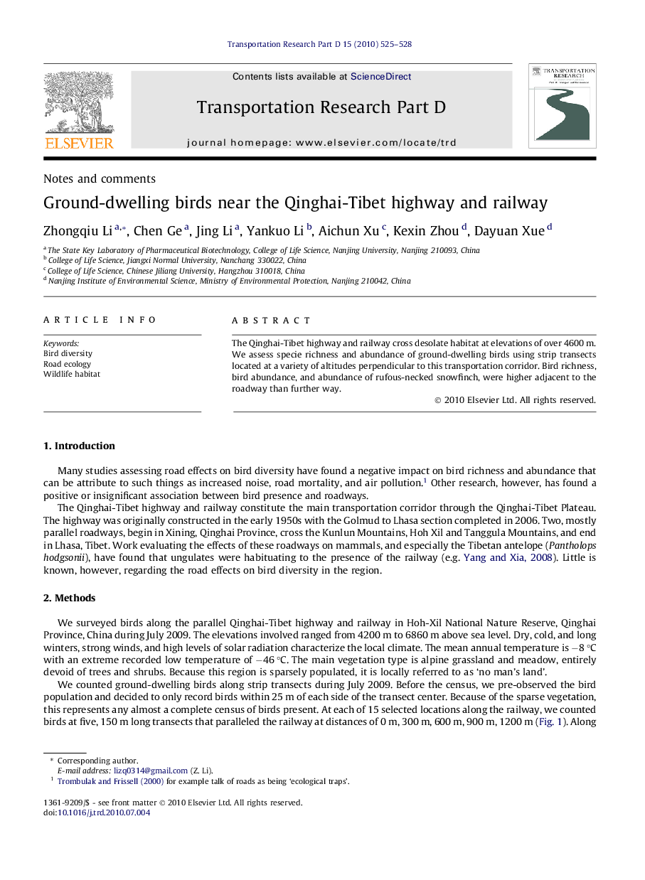 Ground-dwelling birds near the Qinghai-Tibet highway and railway