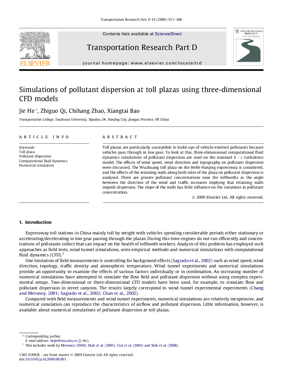 Simulations of pollutant dispersion at toll plazas using three-dimensional CFD models