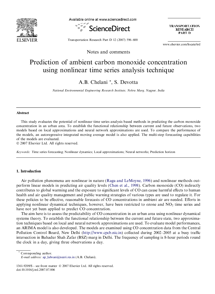 Prediction of ambient carbon monoxide concentration using nonlinear time series analysis technique