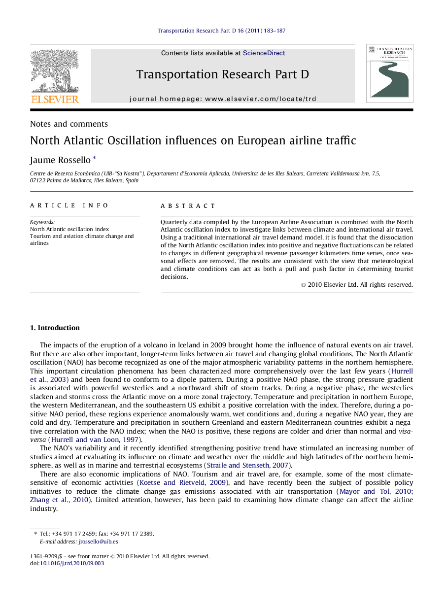 North Atlantic Oscillation influences on European airline traffic