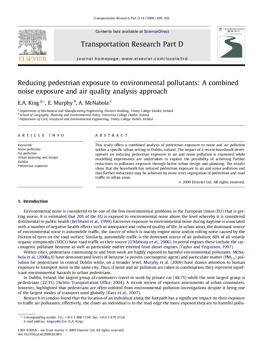 Reducing pedestrian exposure to environmental pollutants: A combined noise exposure and air quality analysis approach