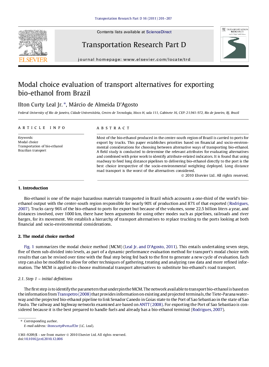 Modal choice evaluation of transport alternatives for exporting bio-ethanol from Brazil