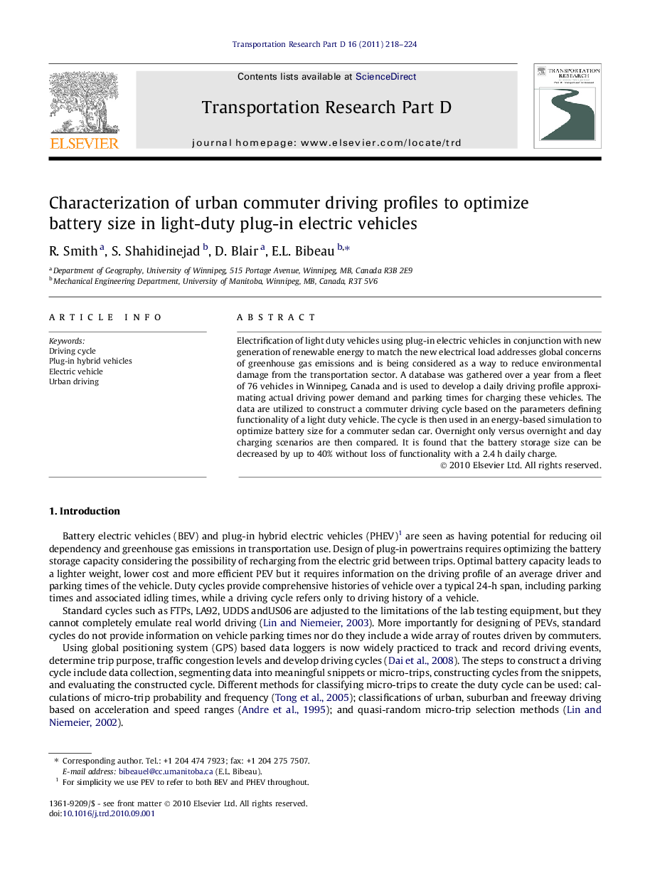 Characterization of urban commuter driving profiles to optimize battery size in light-duty plug-in electric vehicles