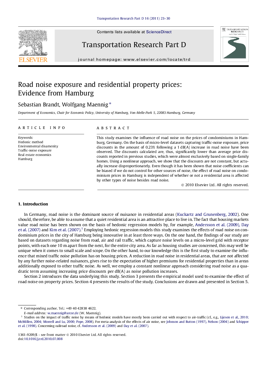 Road noise exposure and residential property prices: Evidence from Hamburg