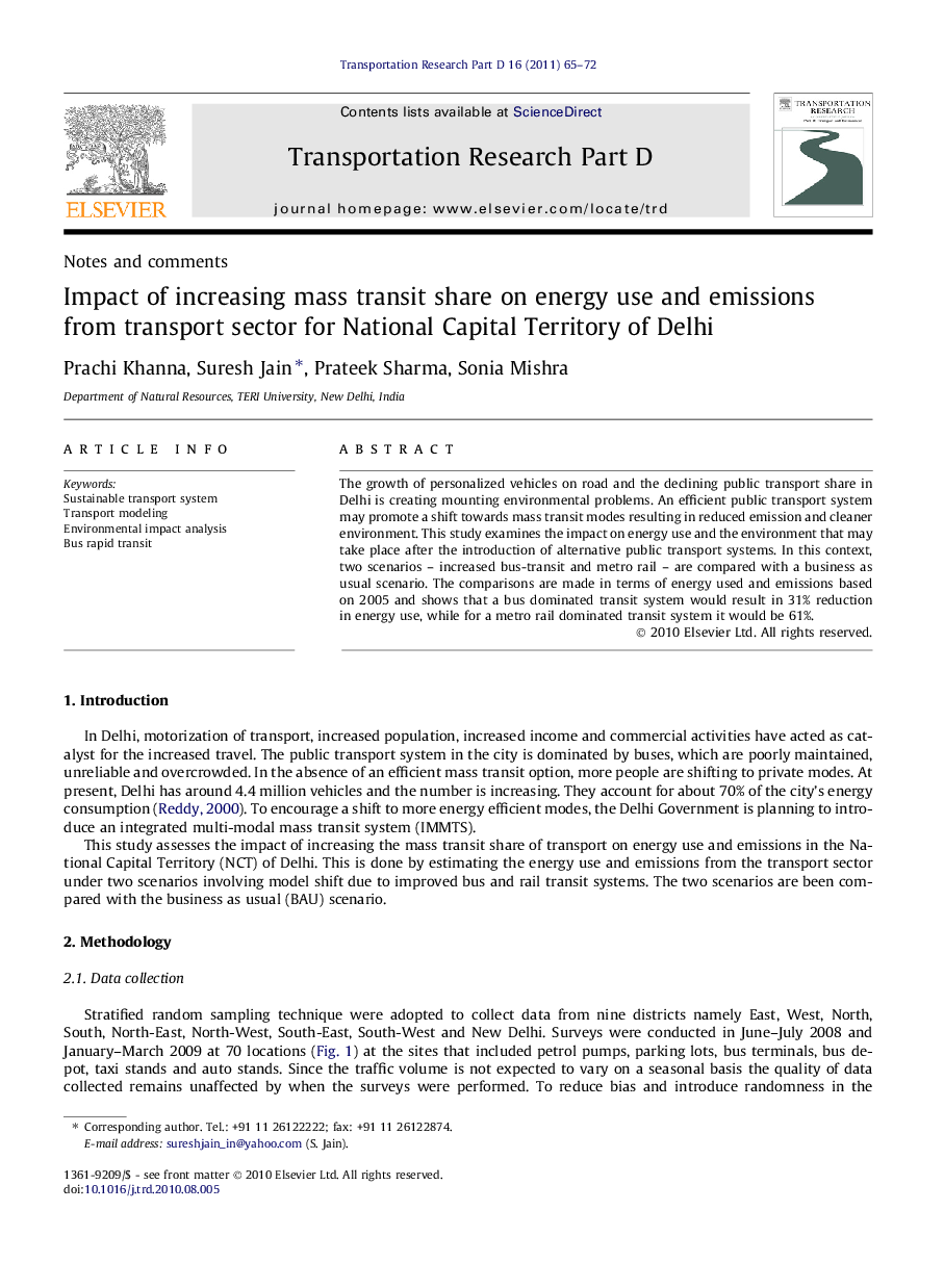 Impact of increasing mass transit share on energy use and emissions from transport sector for National Capital Territory of Delhi