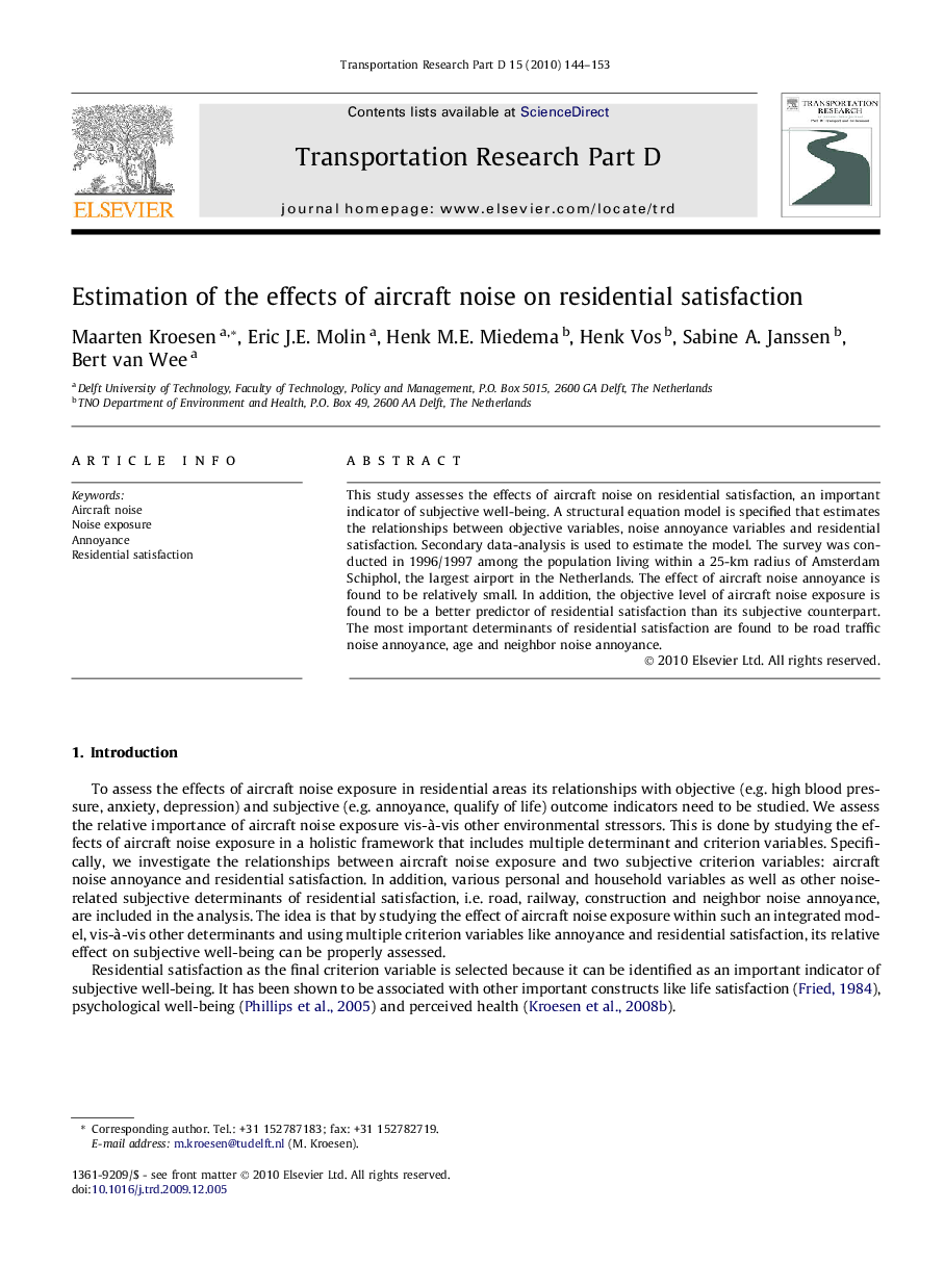 Estimation of the effects of aircraft noise on residential satisfaction