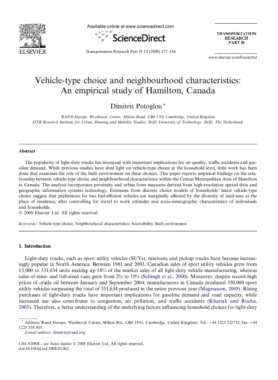 Vehicle-type choice and neighbourhood characteristics: An empirical study of Hamilton, Canada