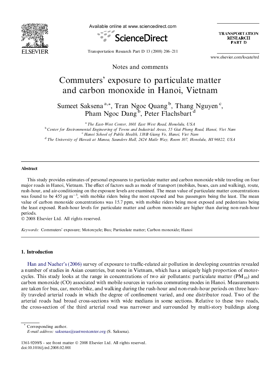 Commuters’ exposure to particulate matter and carbon monoxide in Hanoi, Vietnam