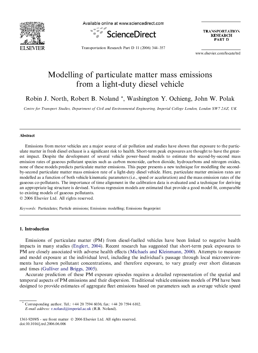 Modelling of particulate matter mass emissions from a light-duty diesel vehicle