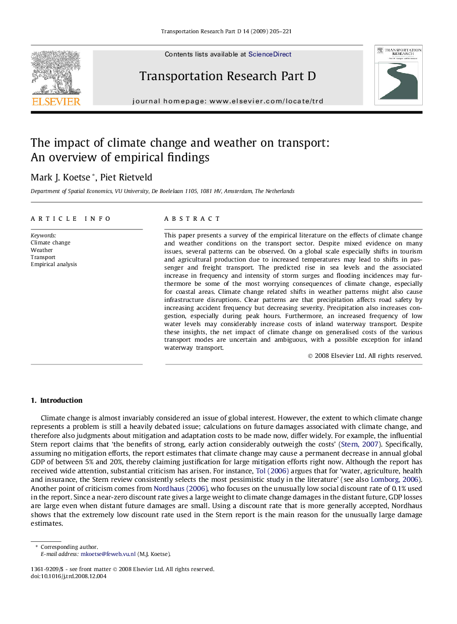 The impact of climate change and weather on transport: An overview of empirical findings