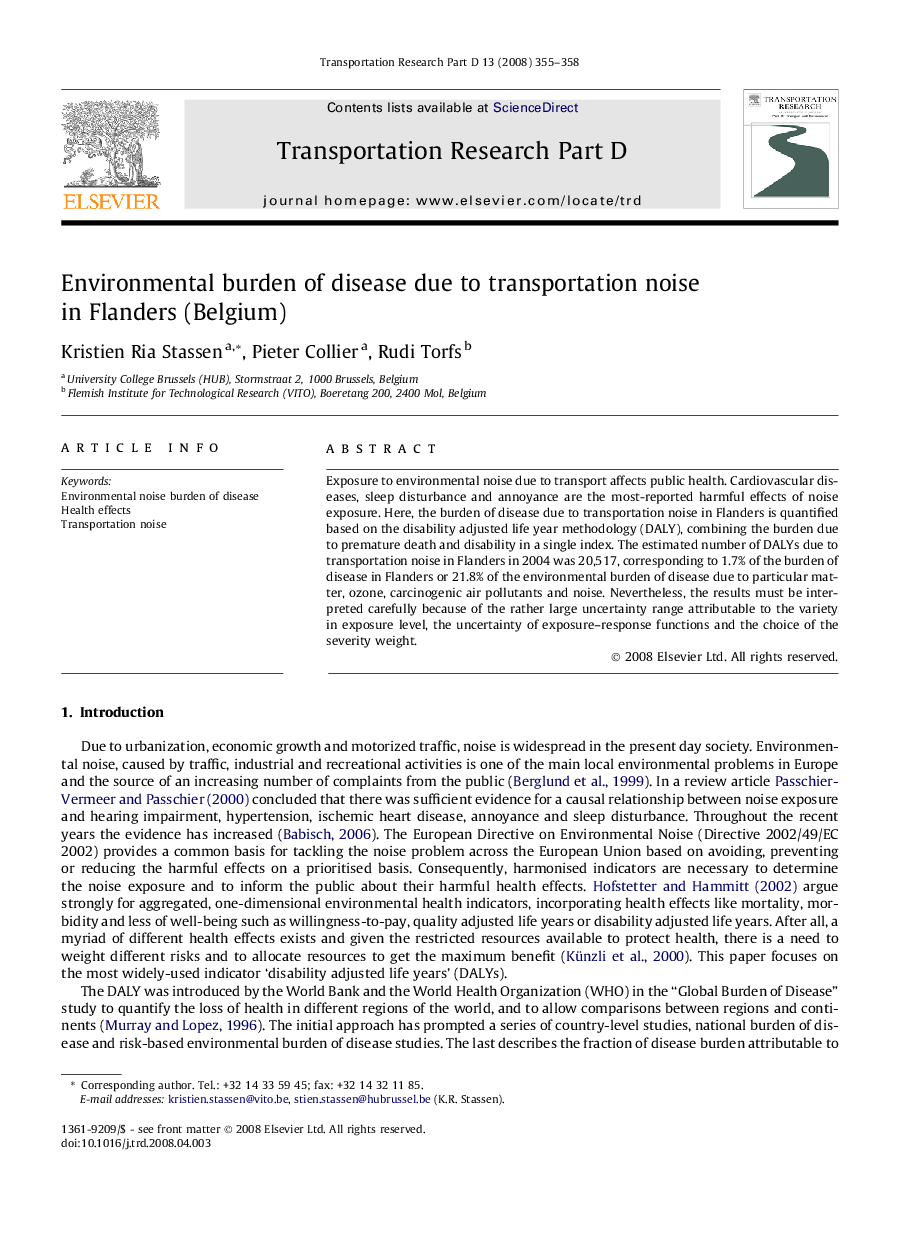 Environmental burden of disease due to transportation noise in Flanders (Belgium)