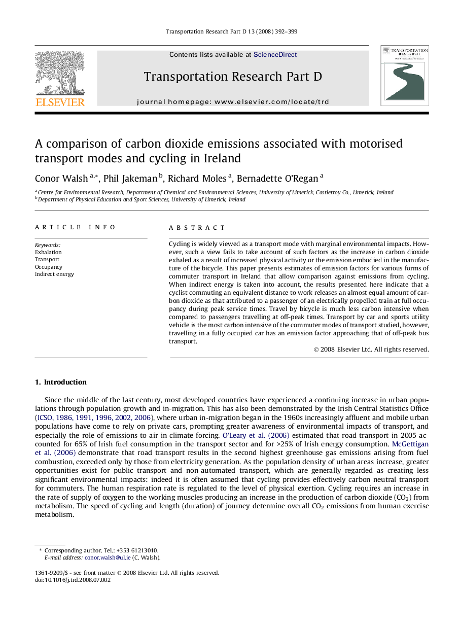A comparison of carbon dioxide emissions associated with motorised transport modes and cycling in Ireland