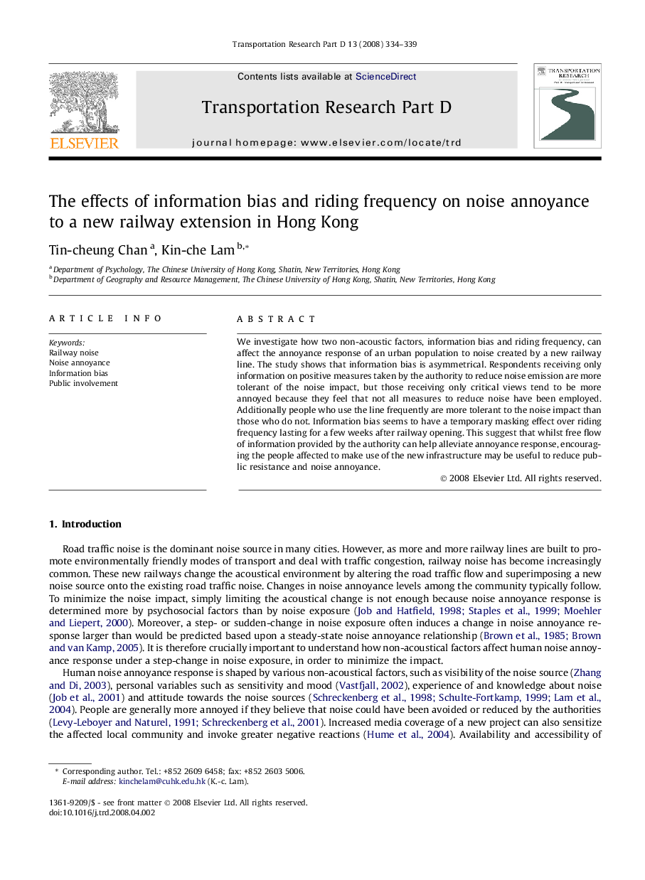 The effects of information bias and riding frequency on noise annoyance to a new railway extension in Hong Kong