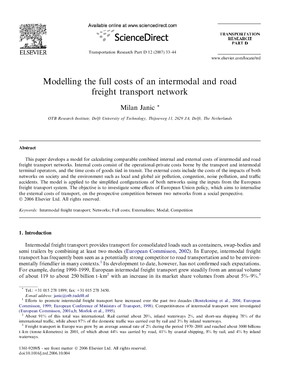 Modelling the full costs of an intermodal and road freight transport network