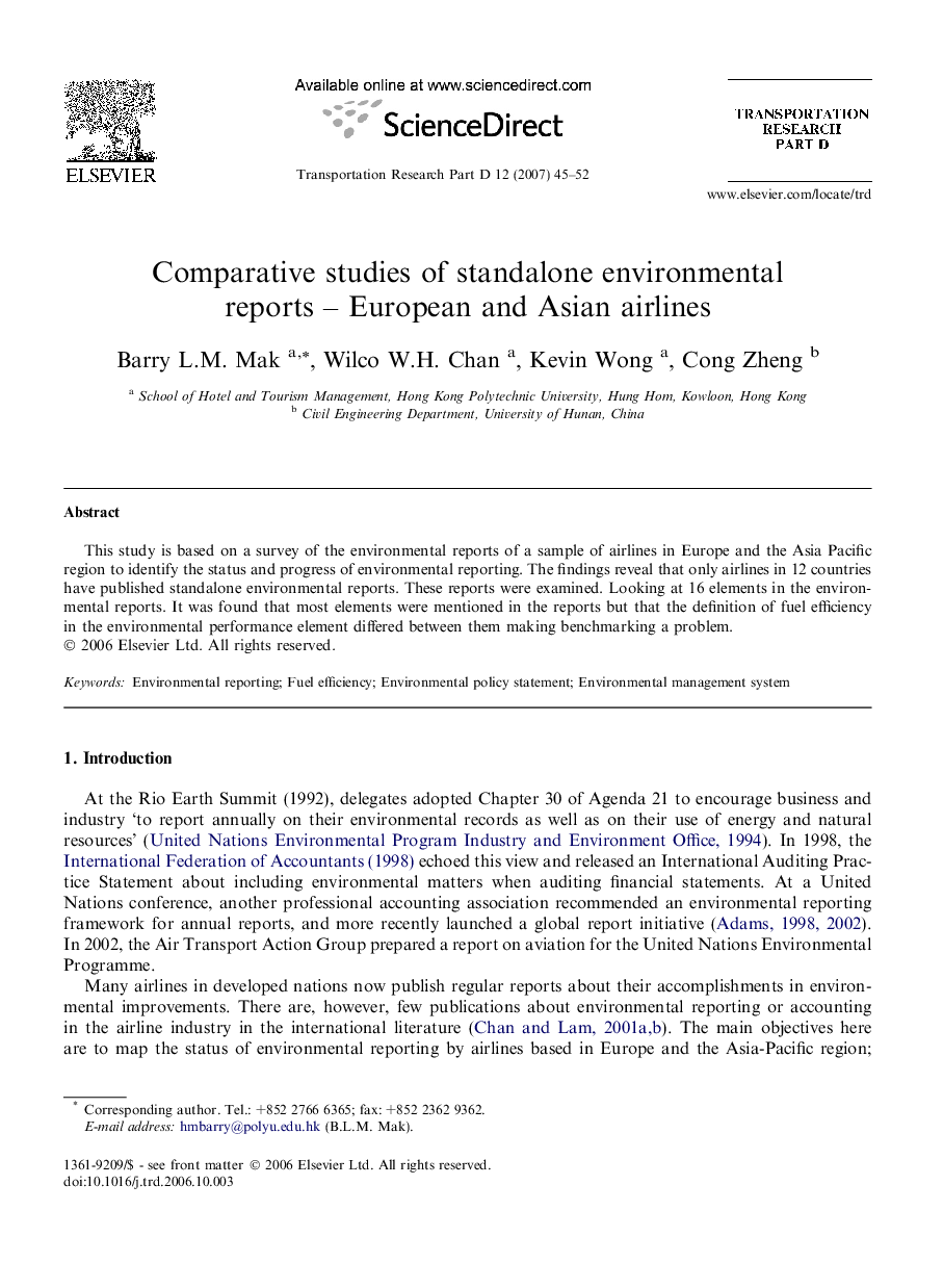 Comparative studies of standalone environmental reports – European and Asian airlines