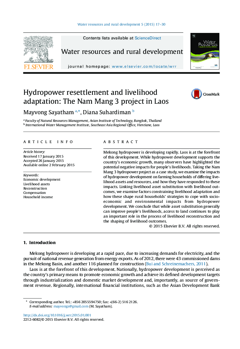 Hydropower resettlement and livelihood adaptation: The Nam Mang 3 project in Laos