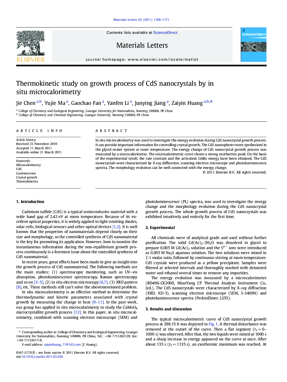 Thermokinetic study on growth process of CdS nanocrystals by in situ microcalorimetry