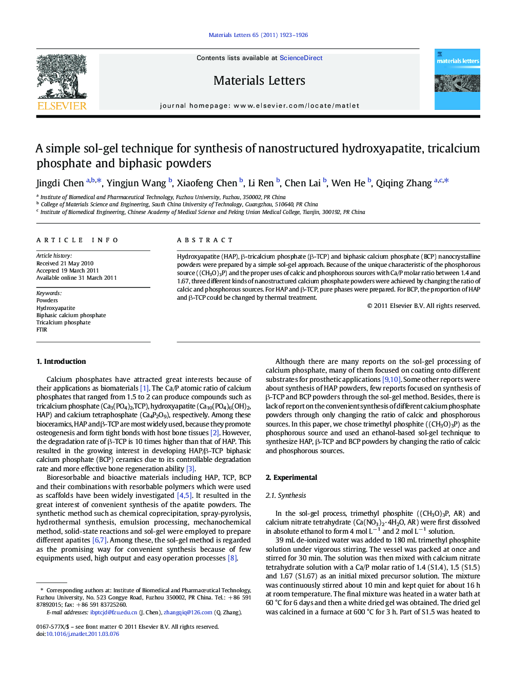 A simple sol-gel technique for synthesis of nanostructured hydroxyapatite, tricalcium phosphate and biphasic powders