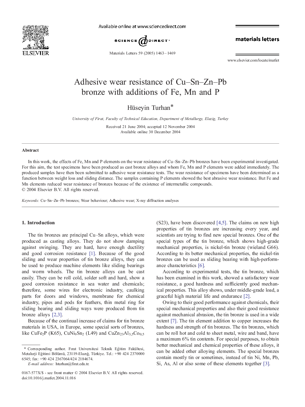 Adhesive wear resistance of Cu-Sn-Zn-Pb bronze with additions of Fe, Mn and P