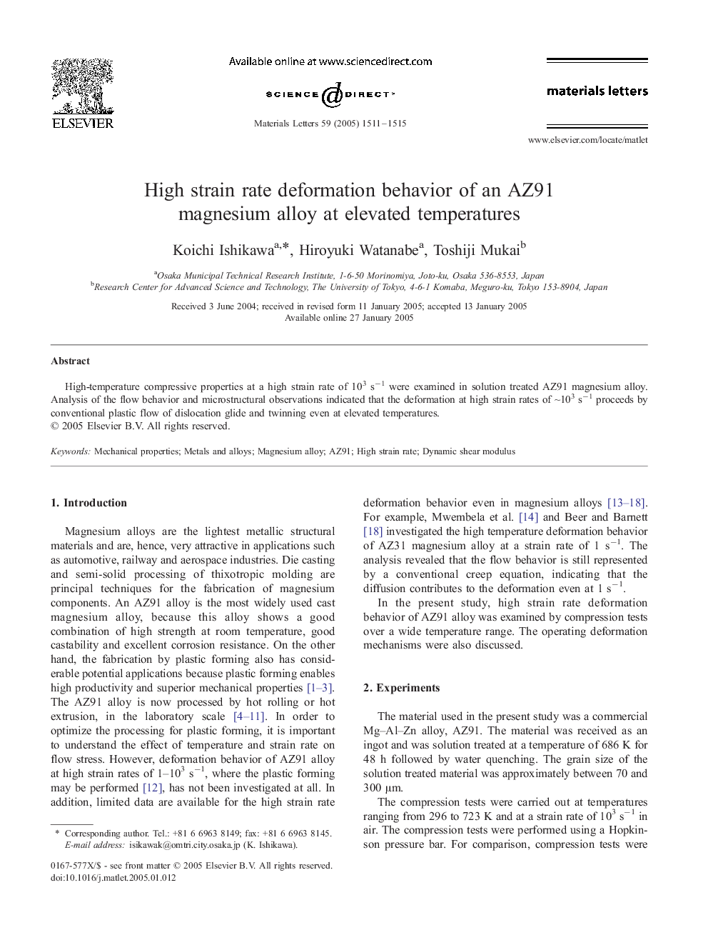 High strain rate deformation behavior of an AZ91 magnesium alloy at elevated temperatures