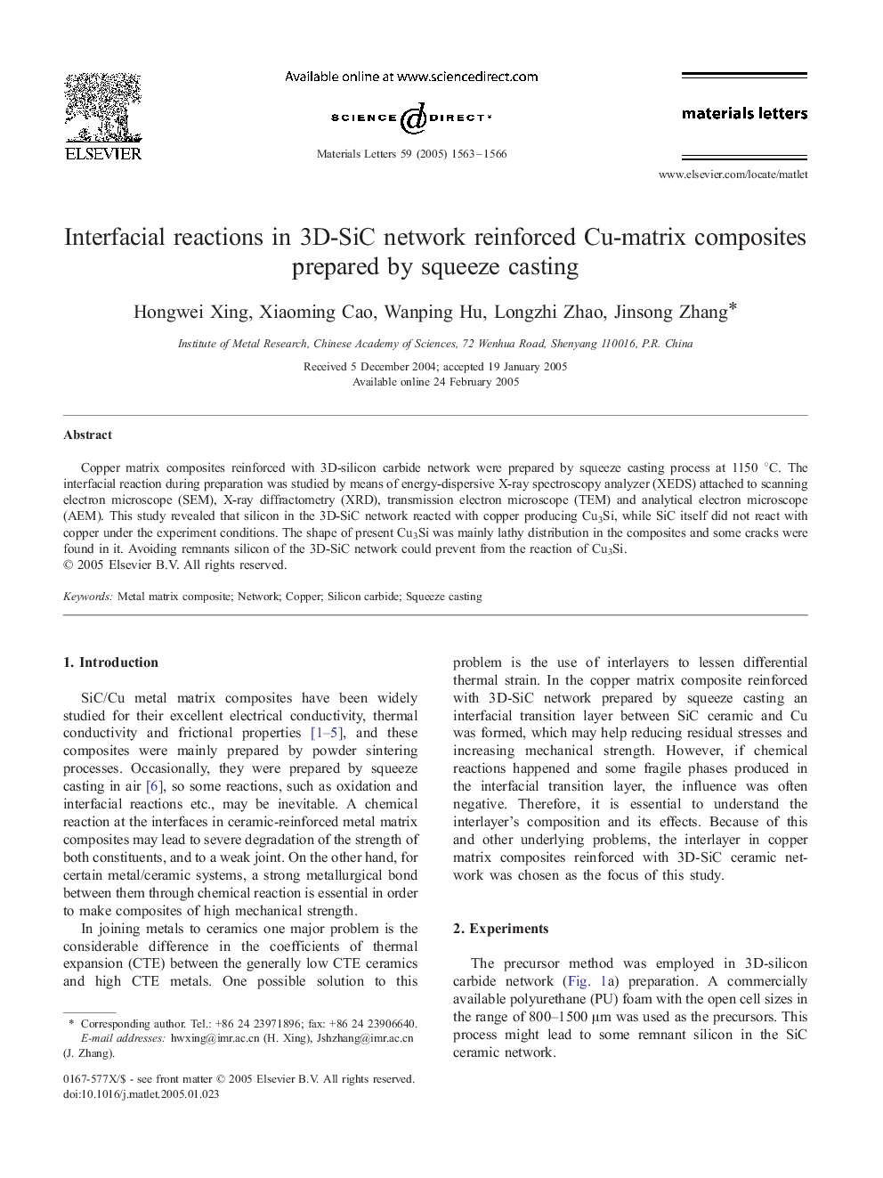 Interfacial reactions in 3D-SiC network reinforced Cu-matrix composites prepared by squeeze casting