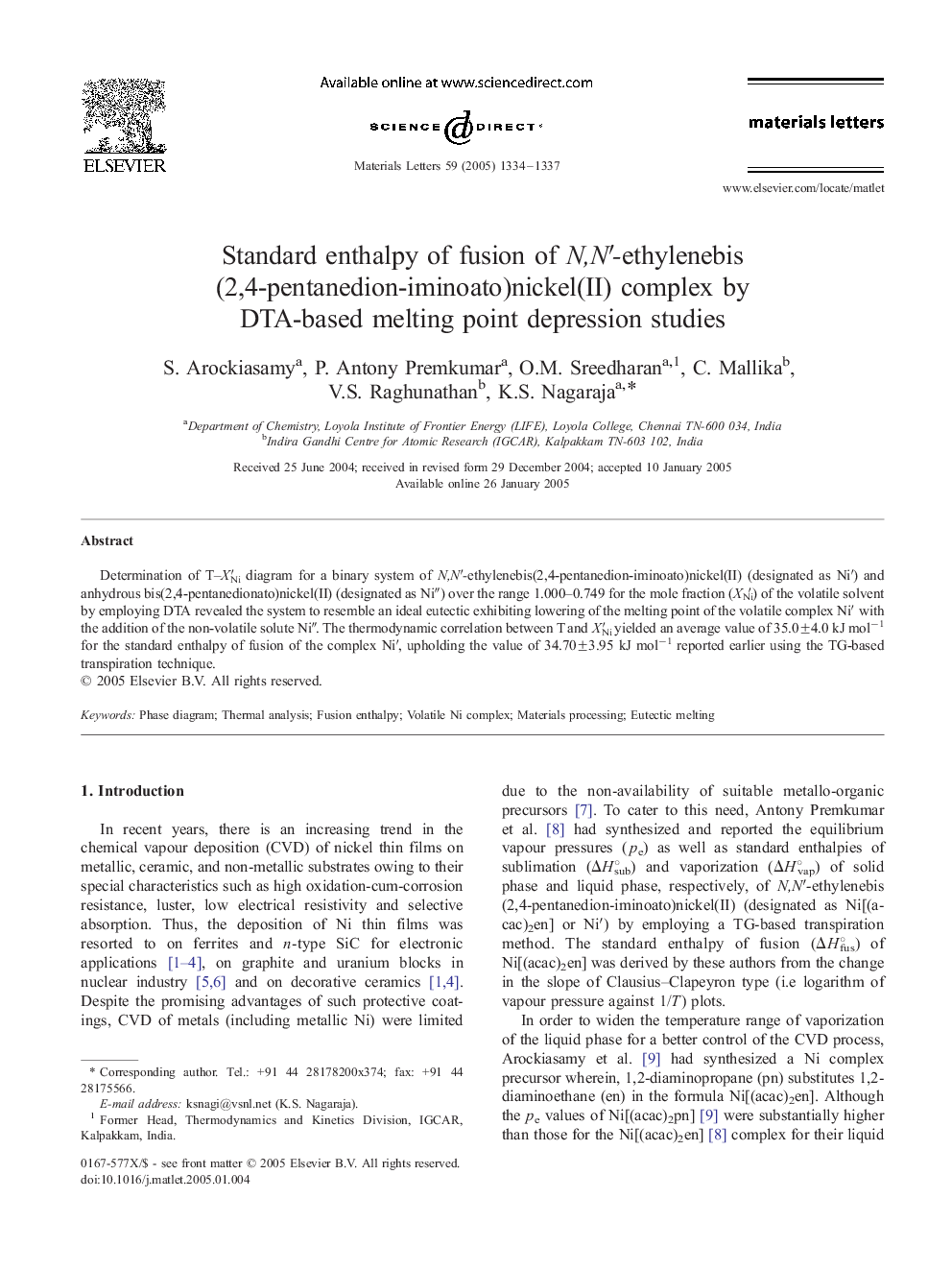 Standard enthalpy of fusion of N,Nâ²-ethylenebis (2,4-pentanedion-iminoato)nickel(II) complex by DTA-based melting point depression studies