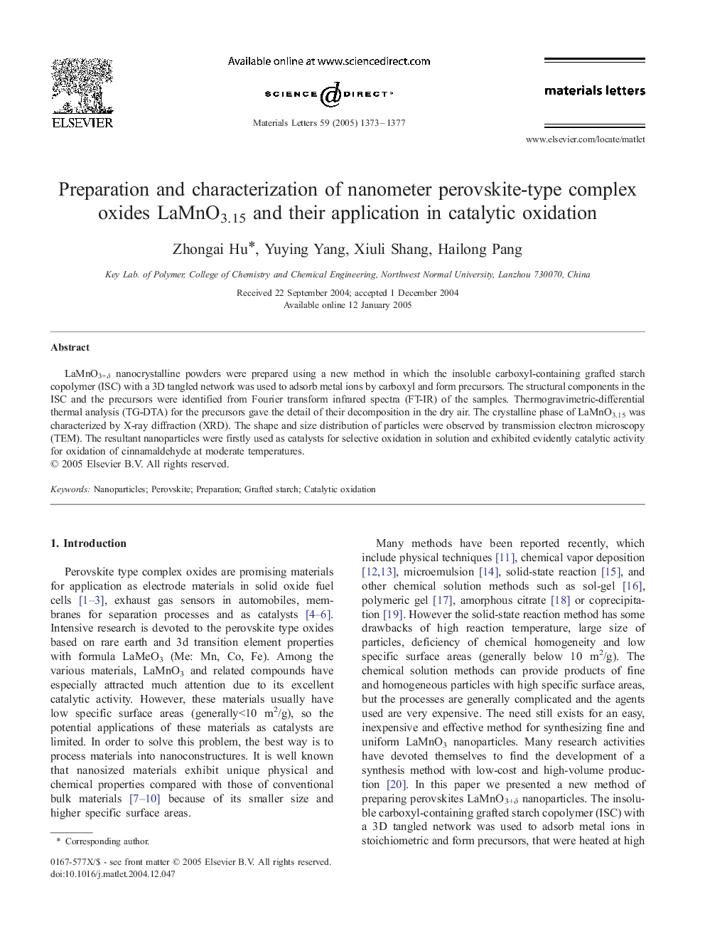 Preparation and characterization of nanometer perovskite-type complex oxides LaMnO3.15 and their application in catalytic oxidation