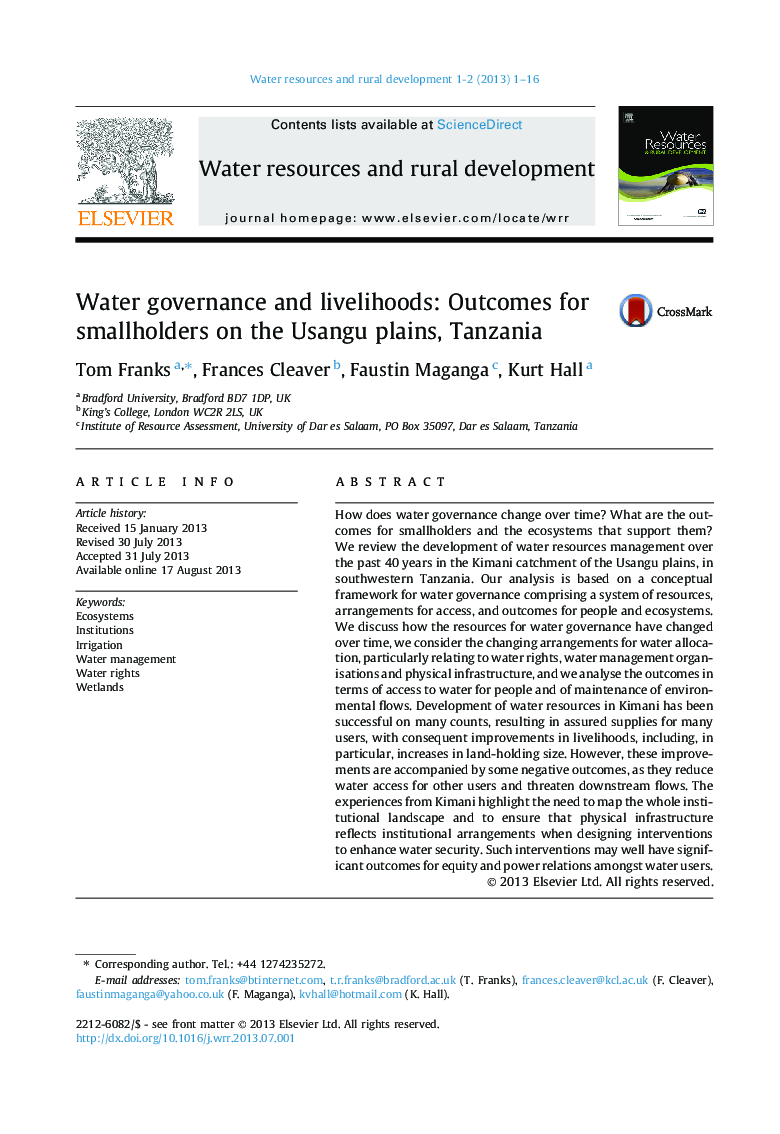 Water governance and livelihoods: Outcomes for smallholders on the Usangu plains, Tanzania