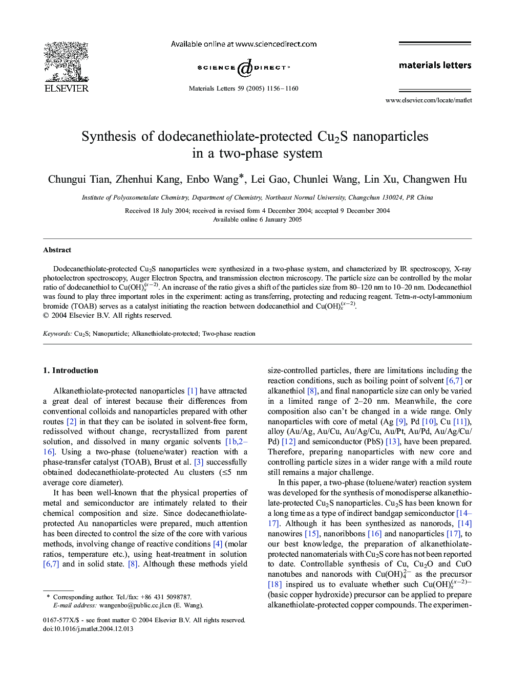 Synthesis of dodecanethiolate-protected Cu2S nanoparticles in a two-phase system