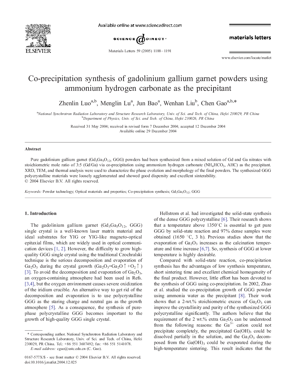 Co-precipitation synthesis of gadolinium gallium garnet powders using ammonium hydrogen carbonate as the precipitant