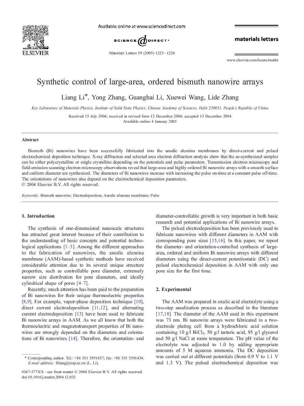 Synthetic control of large-area, ordered bismuth nanowire arrays