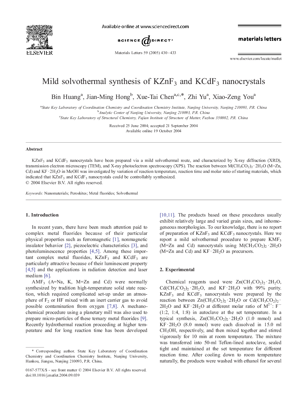 Mild solvothermal synthesis of KZnF3 and KCdF3 nanocrystals