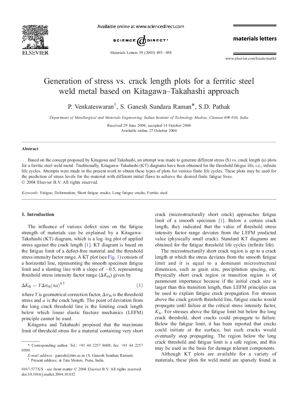 Generation of stress vs. crack length plots for a ferritic steel weld metal based on Kitagawa-Takahashi approach