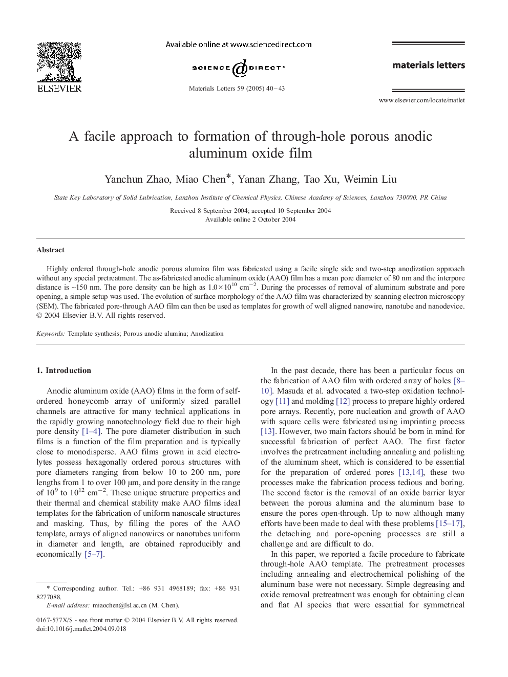 A facile approach to formation of through-hole porous anodic aluminum oxide film