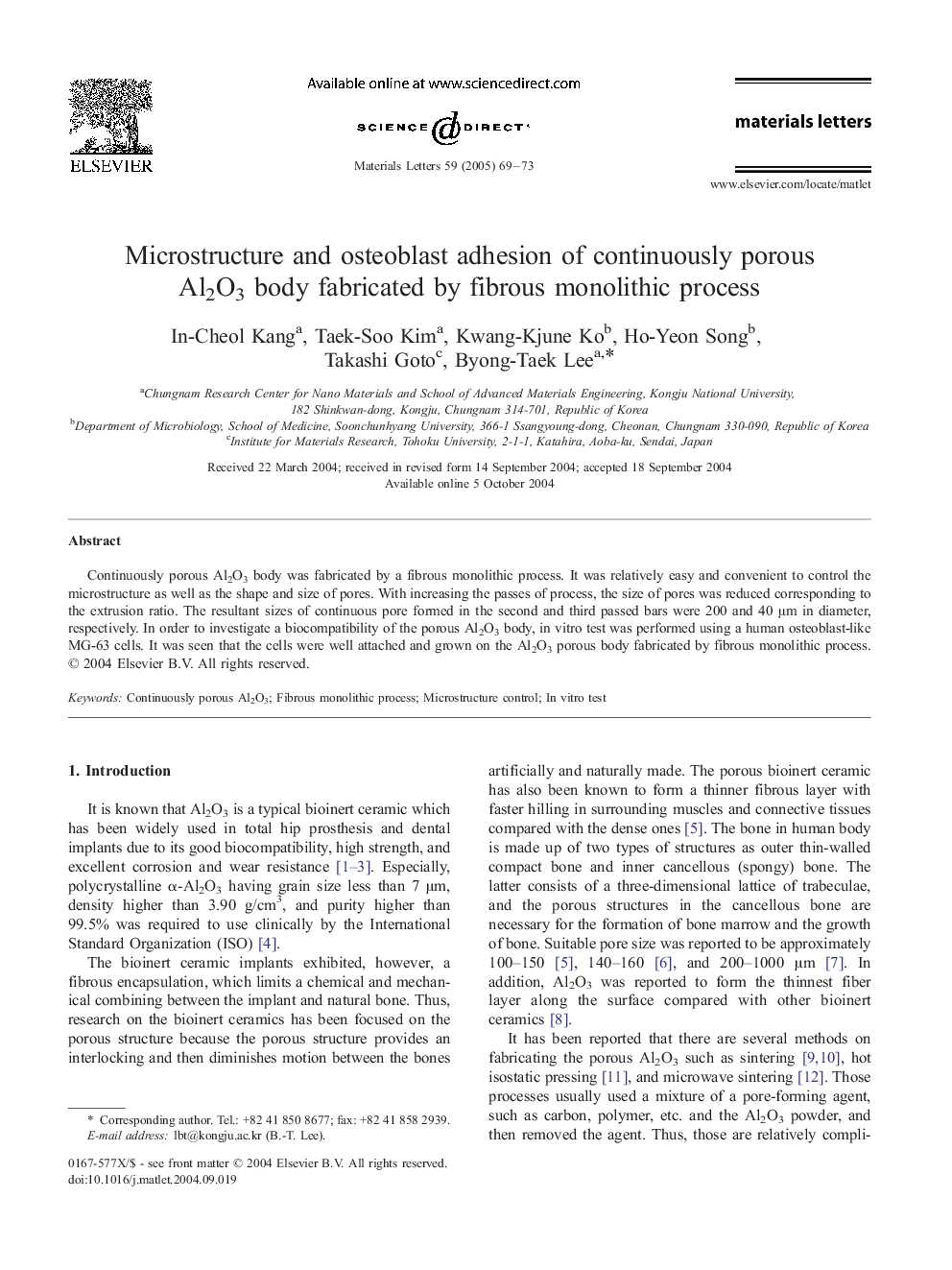 Microstructure and osteoblast adhesion of continuously porous Al2O3 body fabricated by fibrous monolithic process