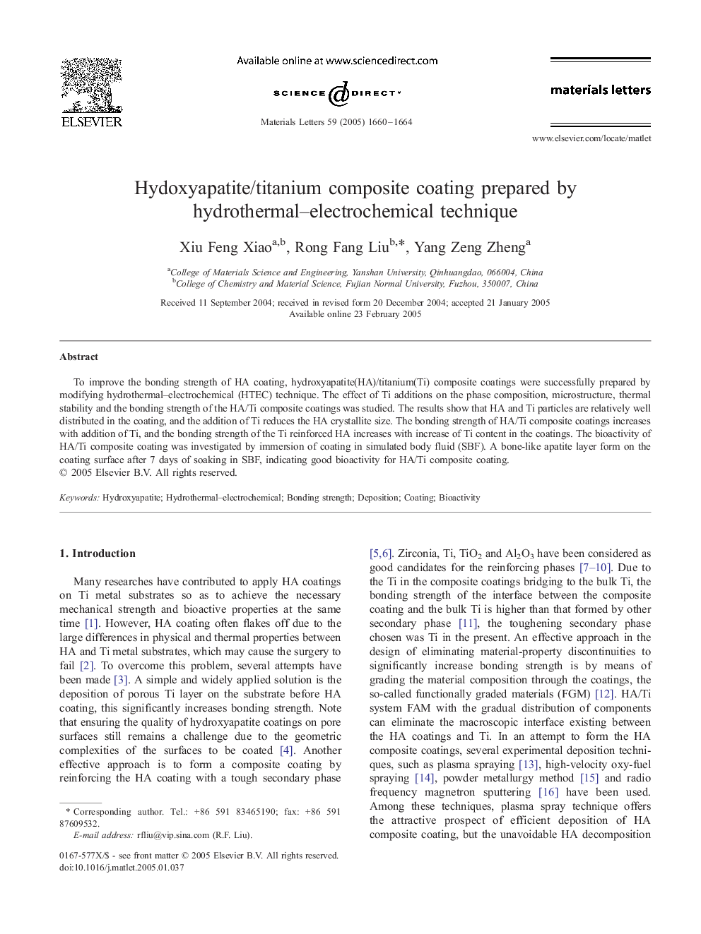 Hydoxyapatite/titanium composite coating prepared by hydrothermal-electrochemical technique