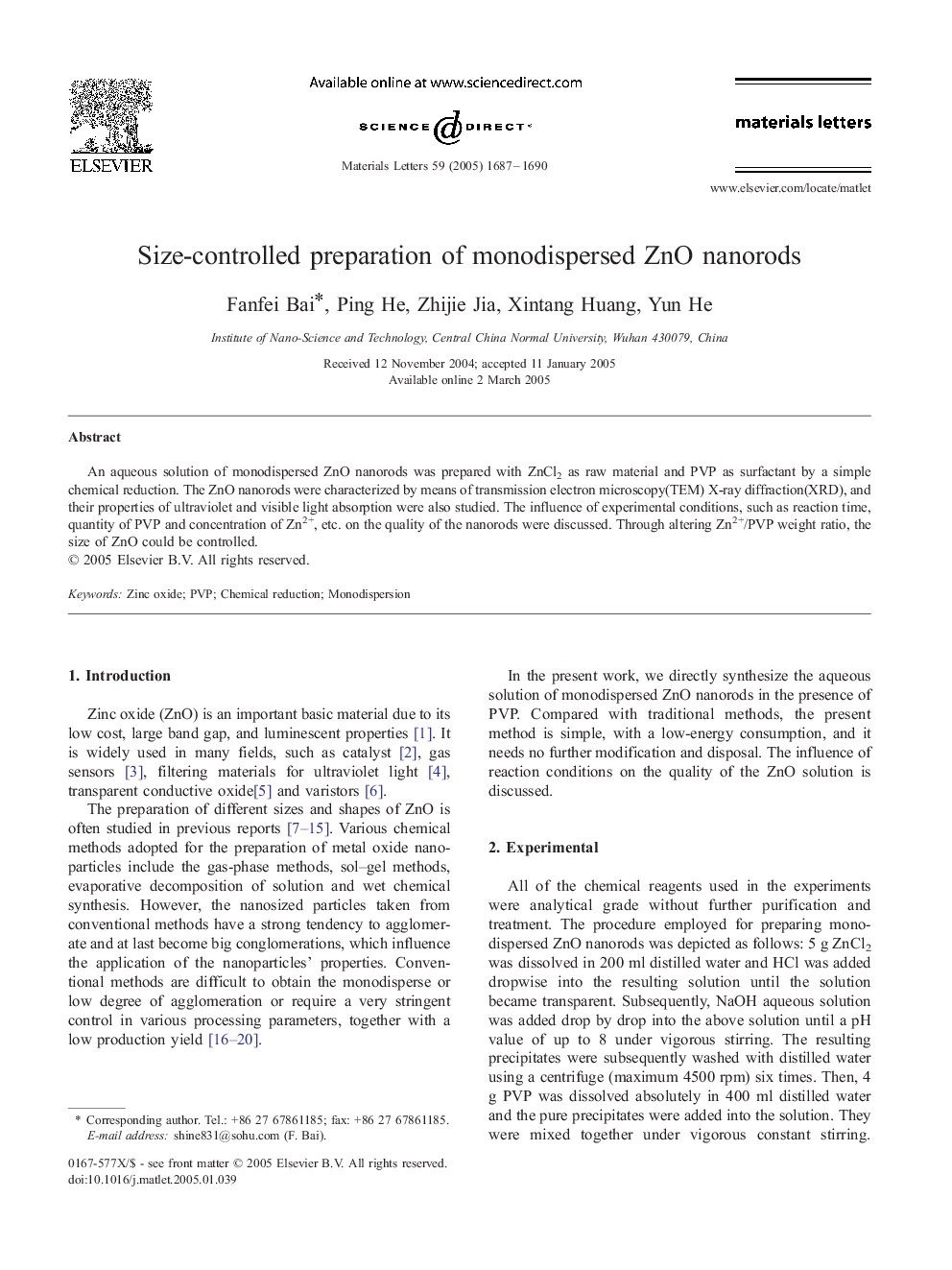 Size-controlled preparation of monodispersed ZnO nanorods