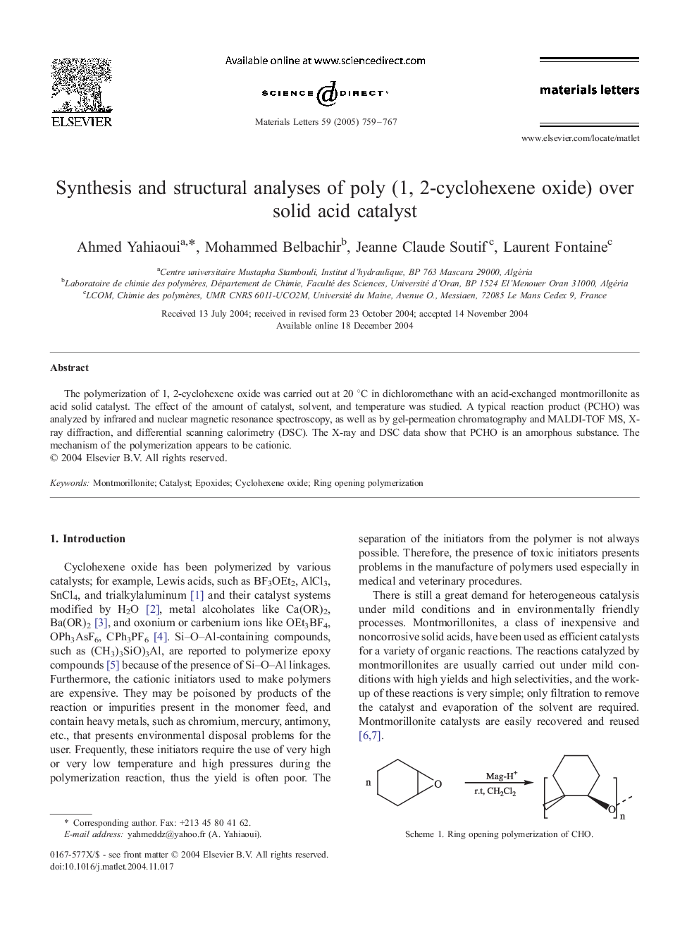 Synthesis and structural analyses of poly (1, 2-cyclohexene oxide) over solid acid catalyst