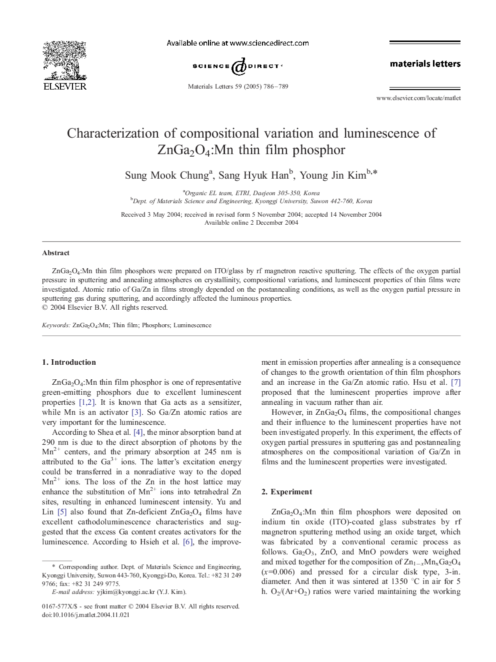 Characterization of compositional variation and luminescence of ZnGa2O4:Mn thin film phosphor