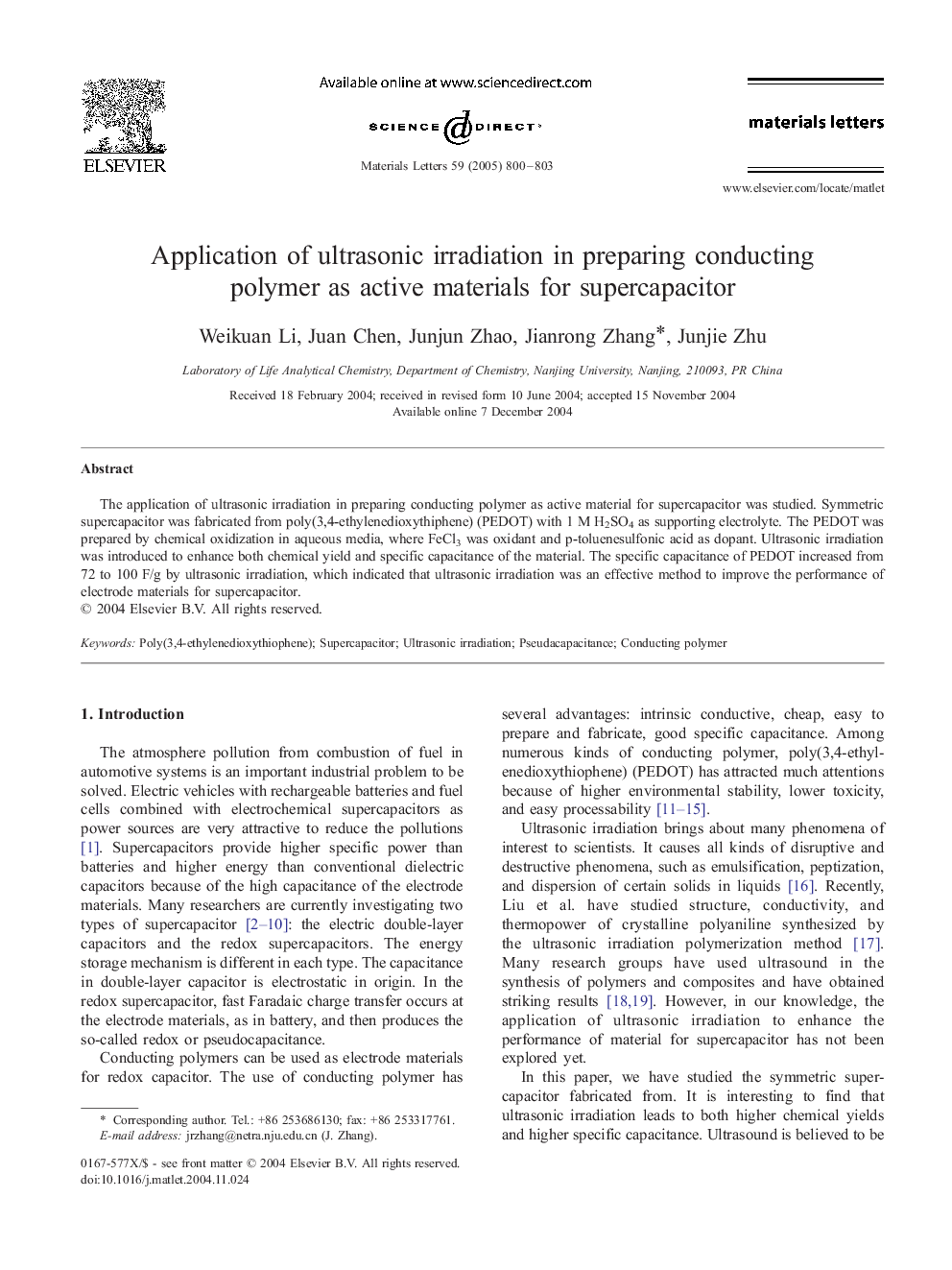 Application of ultrasonic irradiation in preparing conducting polymer as active materials for supercapacitor