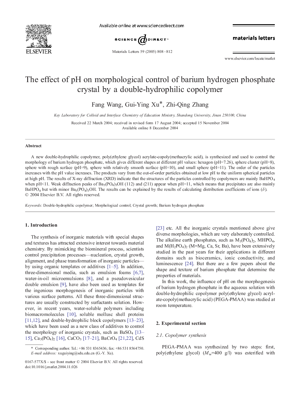 The effect of pH on morphological control of barium hydrogen phosphate crystal by a double-hydrophilic copolymer